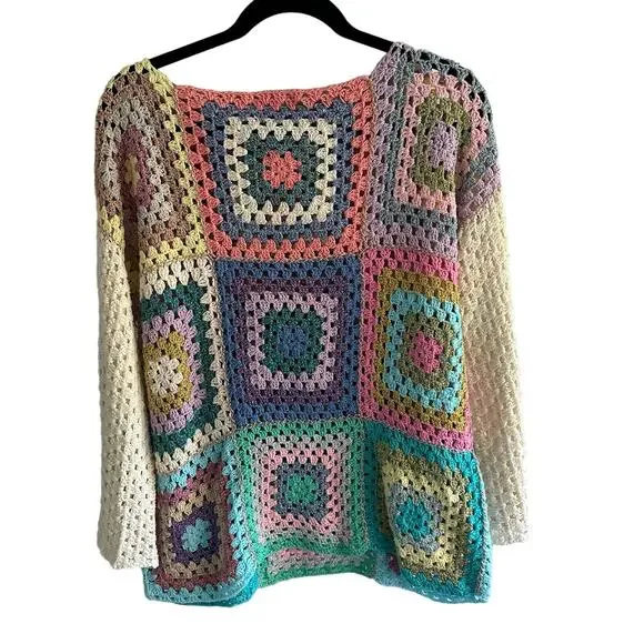 Rose Carmine Patchwork Crochet Metallic Pullover Sweater Multi - Picture 2 of 4